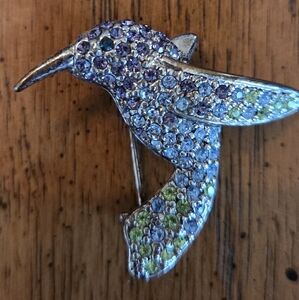 Monet Vtg Hummingbird Brooch Pin Rhinestone Crystal Green Blue Signed! Sparkle!!